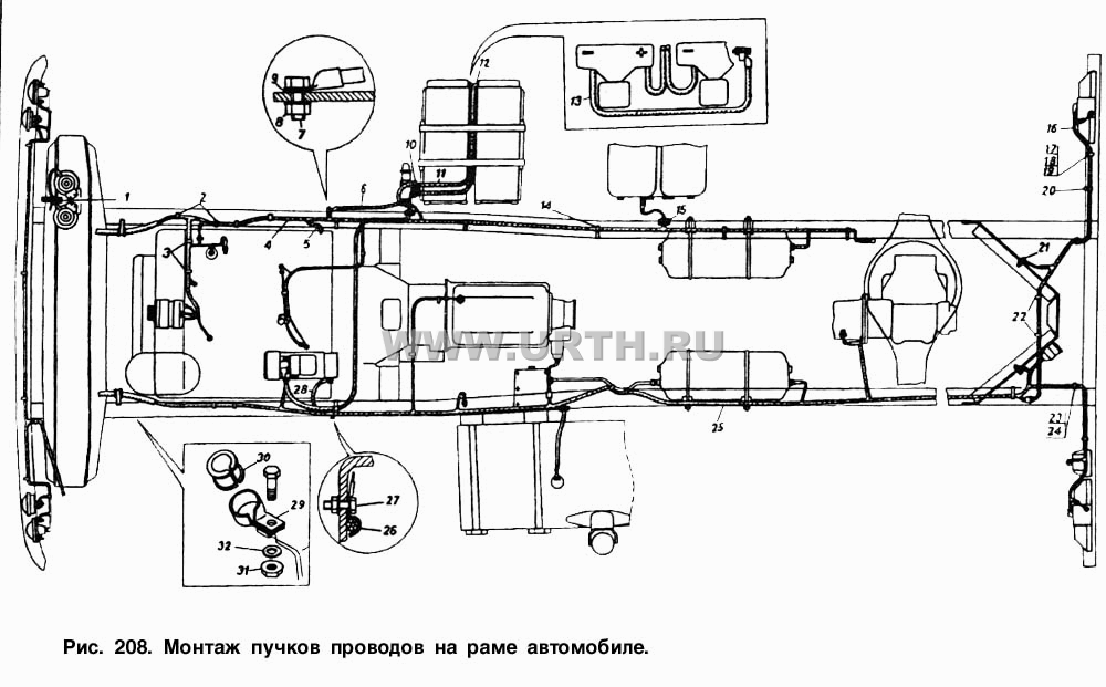 Монтаж пучков проводов на раме автомобиля КамАЗ-5320